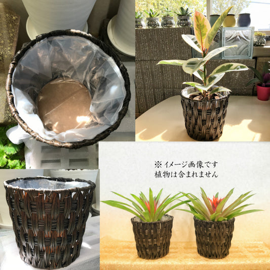 鉢カバー 格子デザインの茶色鉢カバー ５号 送料別