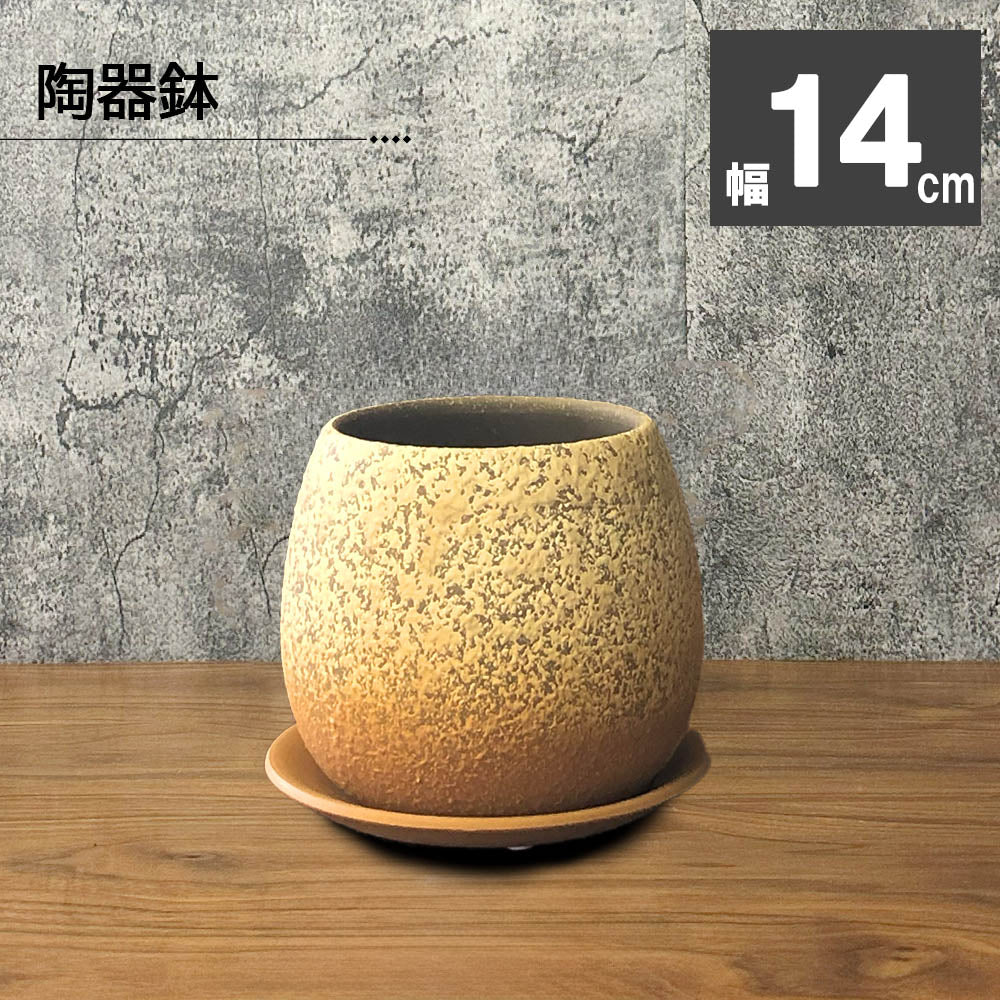 鉢 3.5号 おしゃれ 陶器鉢 ブラウン オレンジ デザイン陶器 ソーサー付 送料別
